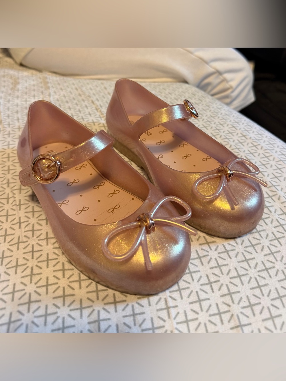 Mini Melissa Metallic Rose Gold Mary Jane Flats with Bow